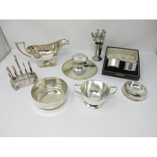 106 - A silver Capstan Inkwell, marks rubbed, two silver Bowls and a quantity of plated items including pa... 