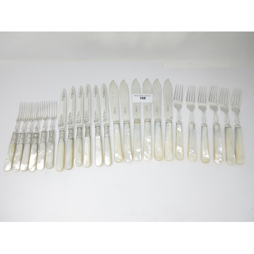 108 - Six George V silver Fish Knives and Forks with mother of pearl hafts, Sheffield 1931 and six plated ... 