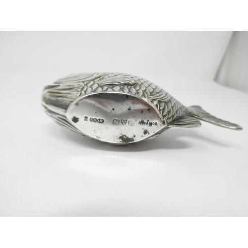 129 - An Edward VII silver Pin Cushion in the form of a fish, Chester 1908, maker: S. Mordan & Co, 3in