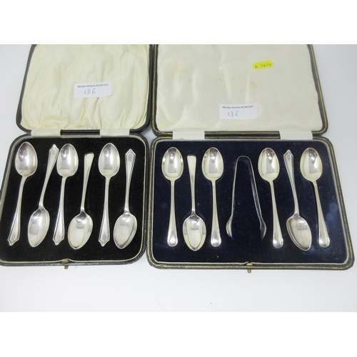 136 - Two sets of George V silver Teaspoons, one with Tongs, Birmingham 1929 and Sheffield 1925, both case... 