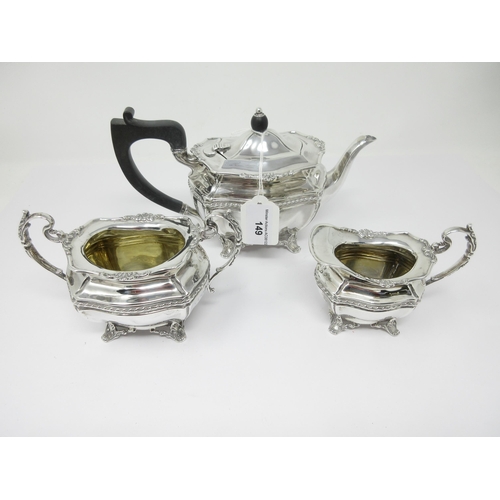 149 - A George V silver three piece Tea Service of panelled form with gadroon rims and scroll feet, London... 