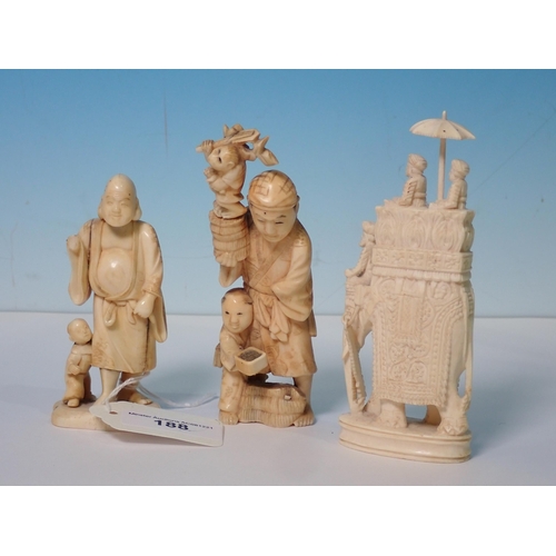 188 - A small collection of carved ivory items including, a figure of a man with child, 3 1/2in H, another... 