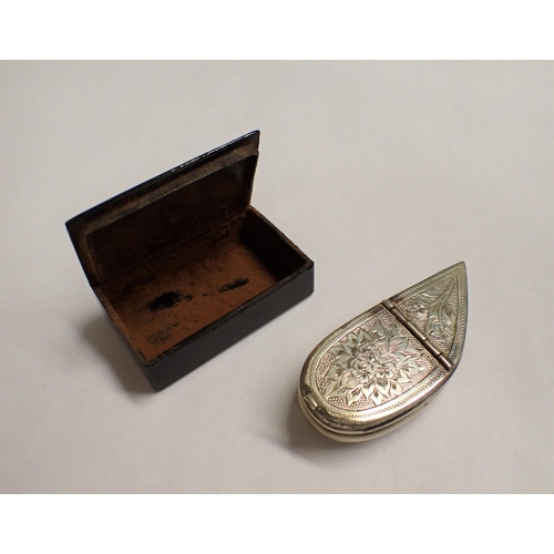 267 - A white metal kidney shaped engraved Snuff Box and a papier maché Snuff box