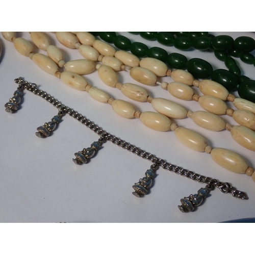 275 - Simulated Pearls, bone bead Necklace, Chinese silver Rickshaw, Whist Markers, Wine Taster Glove Stre... 