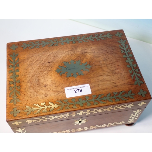 279 - A 19th Century brass mounted walnut Sewing Box with fitted interior containing lace bobbins, etc, 10... 