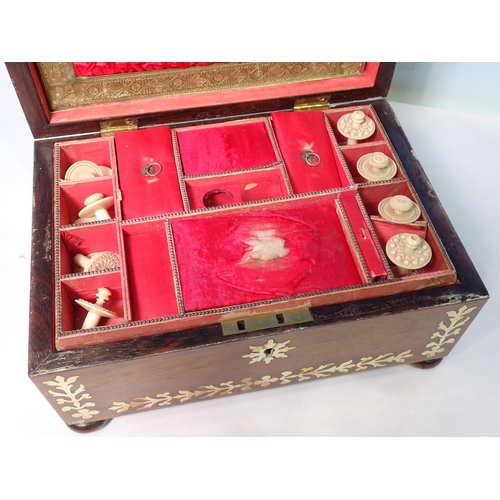 279 - A 19th Century brass mounted walnut Sewing Box with fitted interior containing lace bobbins, etc, 10... 