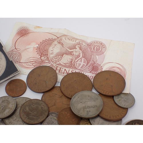 408 - A small tub of Coins to include a quantity of QV-Geo VI three pound and a 10/- note