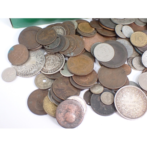 413 - A box of assorted British and World Coins, to include minor Roman Bronze, France 1873 5Francs, Austr... 