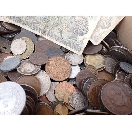 413 - A box of assorted British and World Coins, to include minor Roman Bronze, France 1873 5Francs, Austr... 