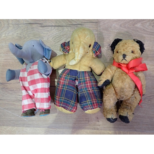 429 - Two vintage Teddy Bear Dogs, a Donald Duck, Teddy Bear and two Elephants