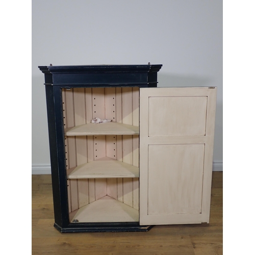 448 - An antique blue painted Corner Cupboard fitted single fielded panel door 3ft 9in H x 2ft 6in W