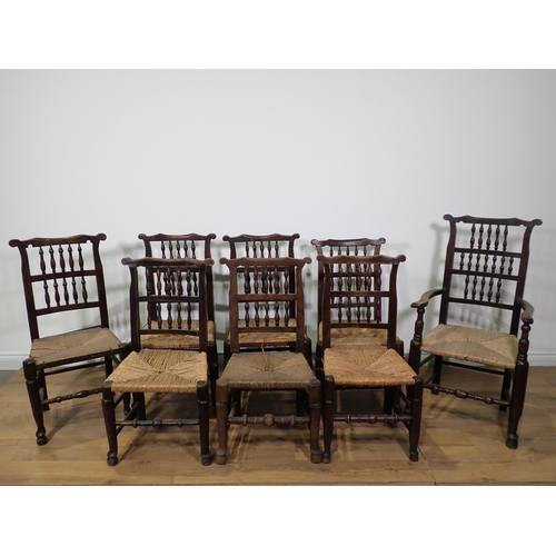 469 - A harlequin set of eight antique spindle back Chairs with rush seats