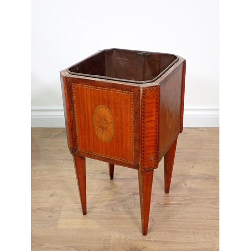 47 - A mahogany and inlaid Jardinière, a blue upholstered button back Armchair and a Victorian mahogany f... 