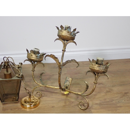 471 - A brass Hall Lantern and a pair of gilt metal three branch Wall Lights