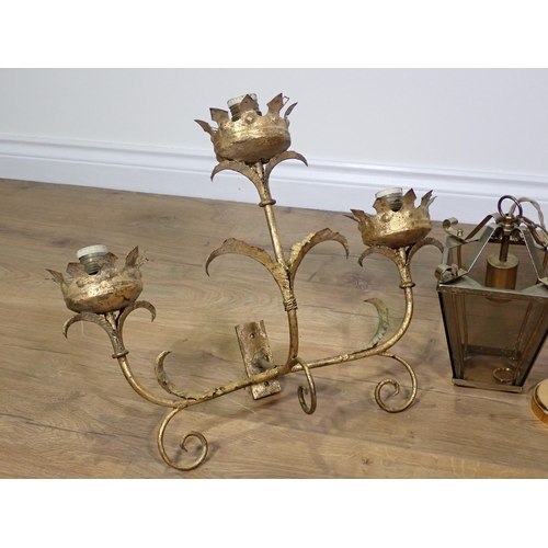 471 - A brass Hall Lantern and a pair of gilt metal three branch Wall Lights