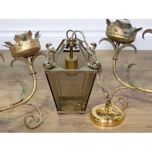 471 - A brass Hall Lantern and a pair of gilt metal three branch Wall Lights