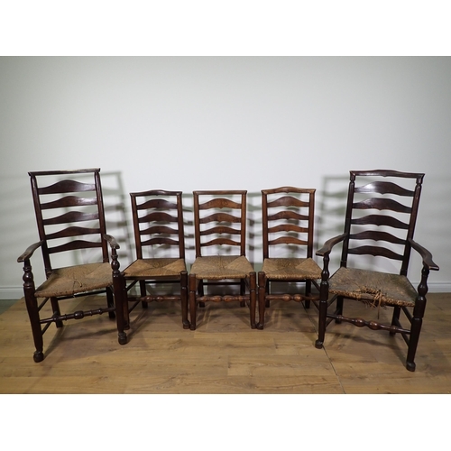 472 - A harlequin set of five antique rush seated ladderback Chairs