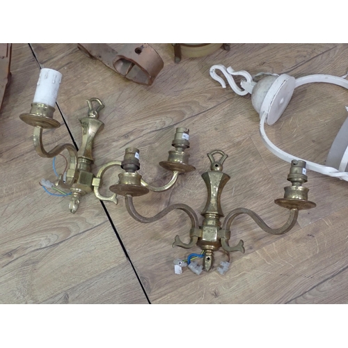 474 - Two ceiling Electroliers, two white painted Lanterns and a pair of brass two branch Wall Lights