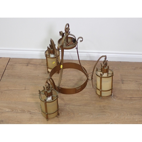 474 - Two ceiling Electroliers, two white painted Lanterns and a pair of brass two branch Wall Lights