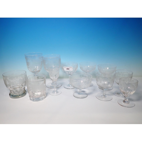 494 - Mixed collection of Glasses with etched fruiting vine design