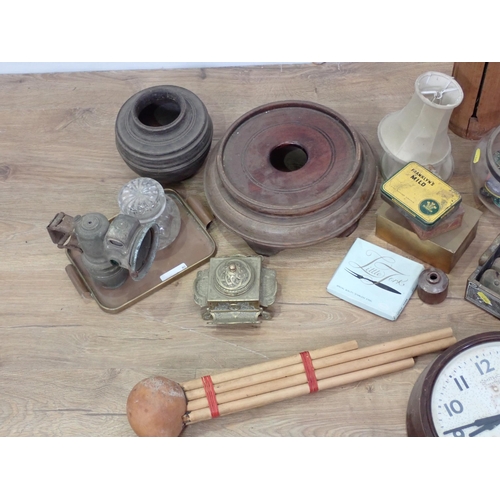 495 - Box including wooden Pot Stands, Clock, Washbowl, tribal Musical Instruments, Glass Bowl, Badges, et... 