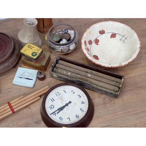 495 - Box including wooden Pot Stands, Clock, Washbowl, tribal Musical Instruments, Glass Bowl, Badges, et... 