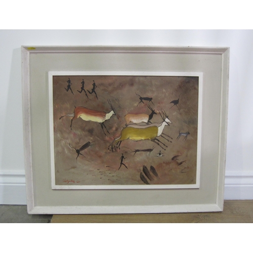 505 - SIMON MOROKE LEKGETHO (After Rock Art), Antelope Hunting, signed and dated (19)64, oil on board, 14 ... 