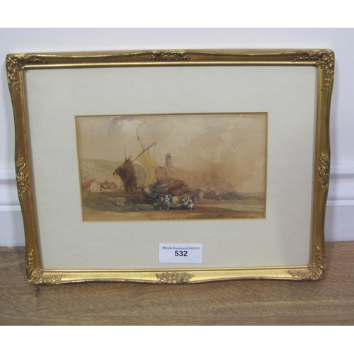 532 - GEORGE CHAMBERS ,JNR.  Fisherfolk and beached boat on a shore, signed, watercolour, 4 1/2 x 7 1/2 in