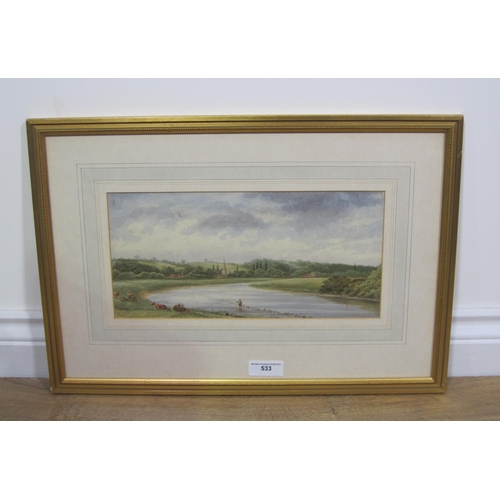 533 - JOSEPH FUSSELL. A River Landscape, signed and inscribed 'Burton Joyce', watercolour, 6 3/4 x 13in