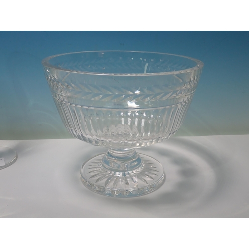 594 - A set of three large glass Goblets with triple knopped stems, 9in H, a heavy cut glass pedestal Bowl... 