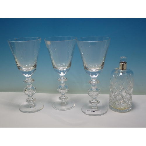 594 - A set of three large glass Goblets with triple knopped stems, 9in H, a heavy cut glass pedestal Bowl... 