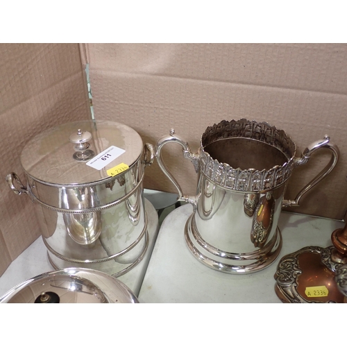 611 - A silver two handled Vase, with engraving, 8in H, plated ware including Bottle Stands, Biscuit barre... 