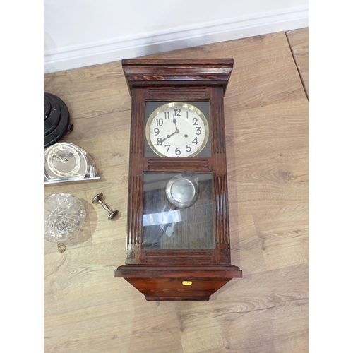 62 - Two Wall Clocks, Mantel Clock, two cut glass ceiling Light Shades and an ebonised Smoker's Stand