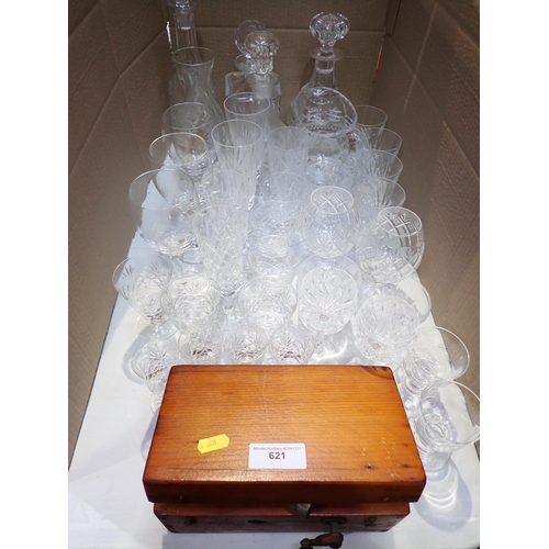 621 - A quantity of glassware including decanters, tumblers, goblets etc and a Dolland 