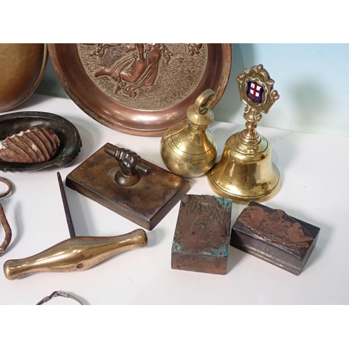 631 - A set of brass and iron Balance Scales, Spring Scales, Desk Bell and various Metalware