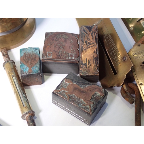 631 - A set of brass and iron Balance Scales, Spring Scales, Desk Bell and various Metalware