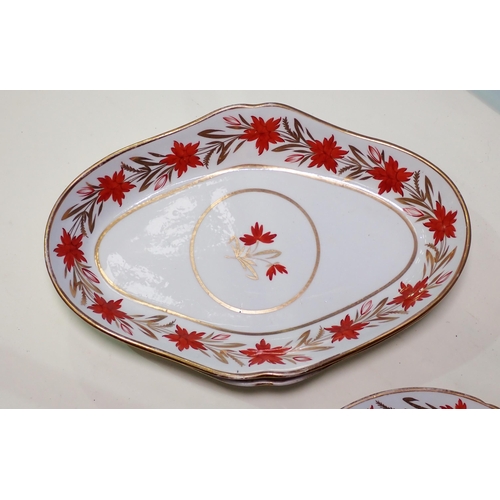 664 - A part dessert Service, decorated floral sprays in red and gilt, some A/F