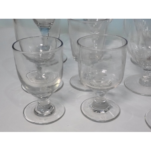 670 - A set of six fine narrow stemmed Liqueur Glasses, five plain Rummers, a ruby flashed Mug, and nine o... 