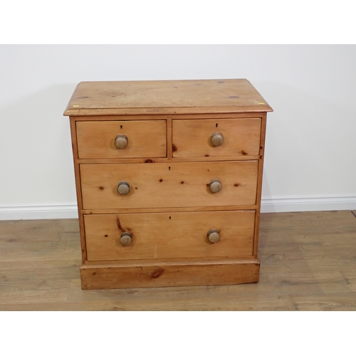 694 - A Victorian pine Chest of two short and two long drawers on plinth base 3ft W x 3ft H