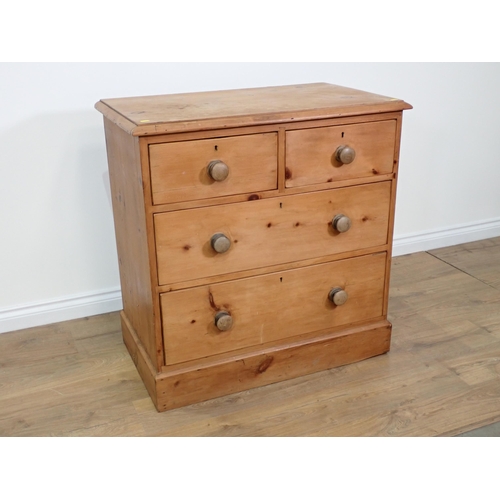 694 - A Victorian pine Chest of two short and two long drawers on plinth base 3ft W x 3ft H