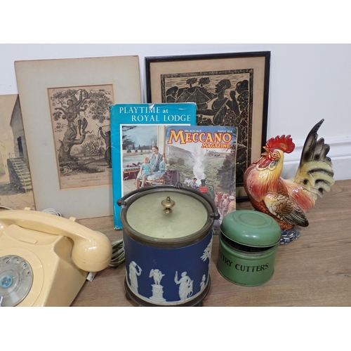 708 - A Box including two vintage Telephones, Pastry Cutter Tin, Biscuit Barrel, Cockerel, a Sign and a se... 