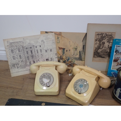 708 - A Box including two vintage Telephones, Pastry Cutter Tin, Biscuit Barrel, Cockerel, a Sign and a se... 