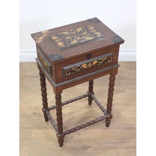 709 - A continental painted Sewing Box on bobbin turned supports and stretchers 2ft H x 1ft 2in W