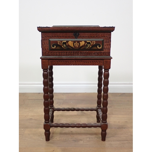 709 - A continental painted Sewing Box on bobbin turned supports and stretchers 2ft H x 1ft 2in W