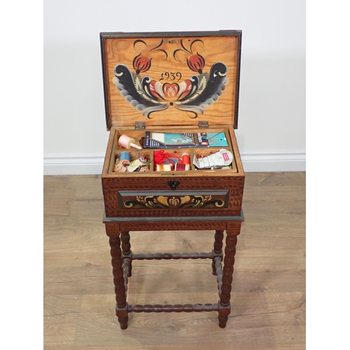 709 - A continental painted Sewing Box on bobbin turned supports and stretchers 2ft H x 1ft 2in W