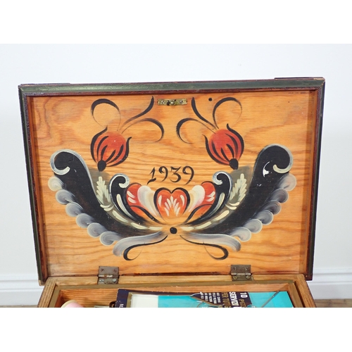 709 - A continental painted Sewing Box on bobbin turned supports and stretchers 2ft H x 1ft 2in W