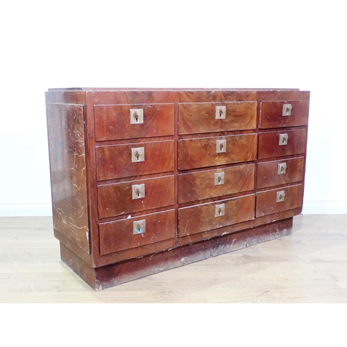 716 - A mahogany veneered bank of twelve drawers 4ft 2in W x 2ft 8in H