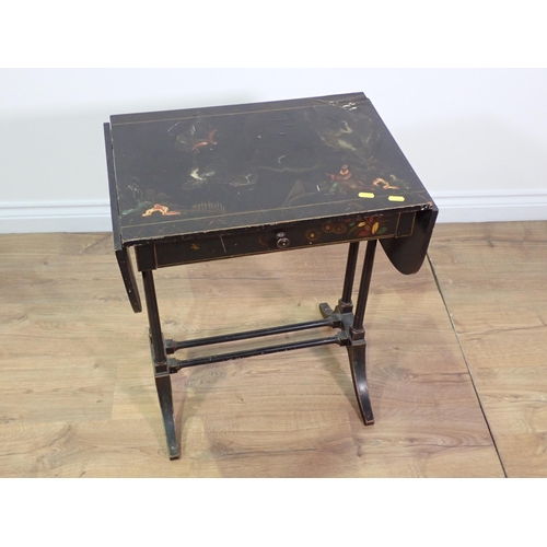 75 - An Edwardian chinoiserie lacquered drop leaf Occasional Table on cheval base 2ft 1in x 1ft 10in