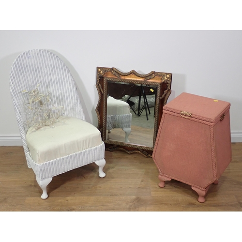 758 - A modern gilt framed Wall Mirror, a glass Ceiling Light, a Lloyd Loom Chair and a Linen Basket