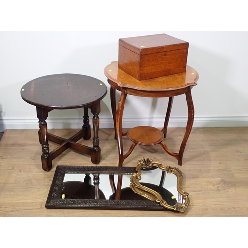 762 - A walnut Occasional Table, an oak circular Occasional Table, an oak Box and a gilt Wall Mirror